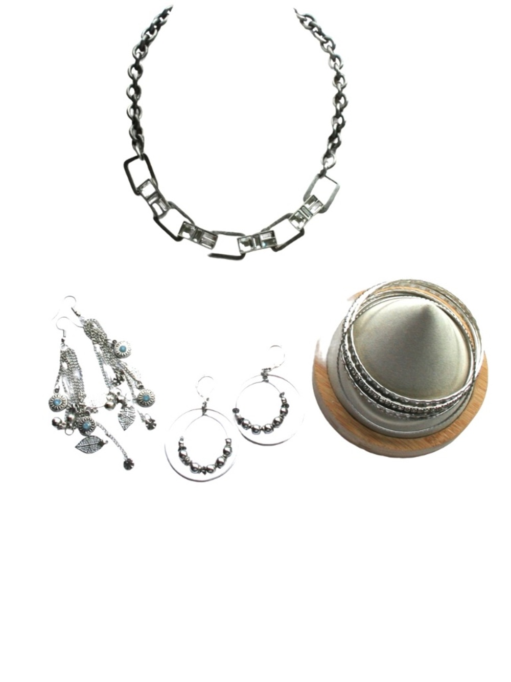 !!4 Gifts, 1 Price!! Jewelry Lot-Necklace/Bangle Bracelets/Earrings, Silver Tone